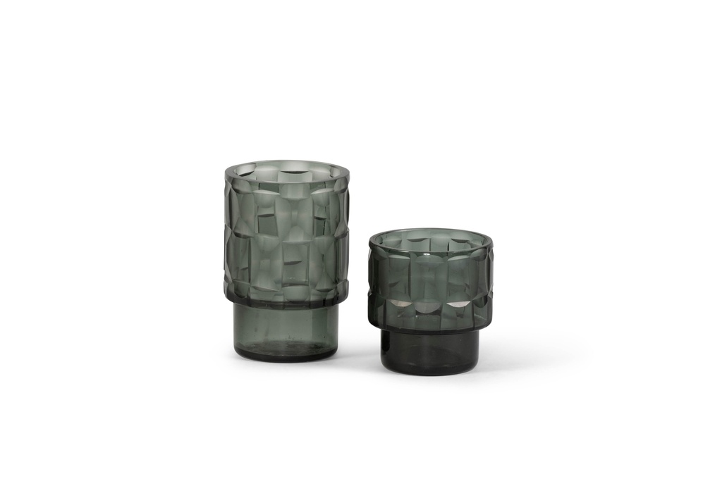 T-light holder round with plane cutting - grey - medium - Ø8x9cm - 4/24