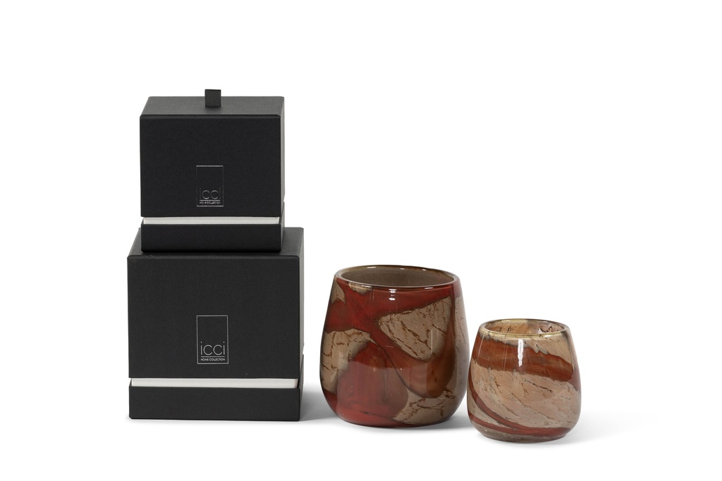 Scented candle thick votive bowl with honey red wave design - Ø15 x 14cm - 3 - int.cot. - p/2
