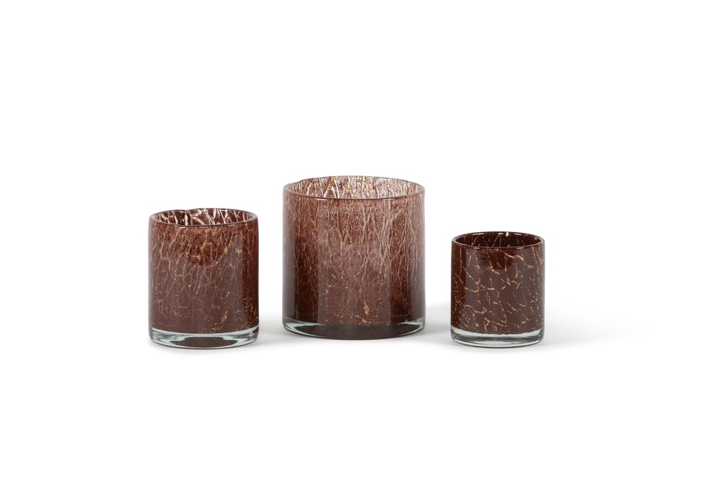 Thick votive cylinder with craquelure design - glass - burgundy gold - Ø 11 x 12cm - p/6