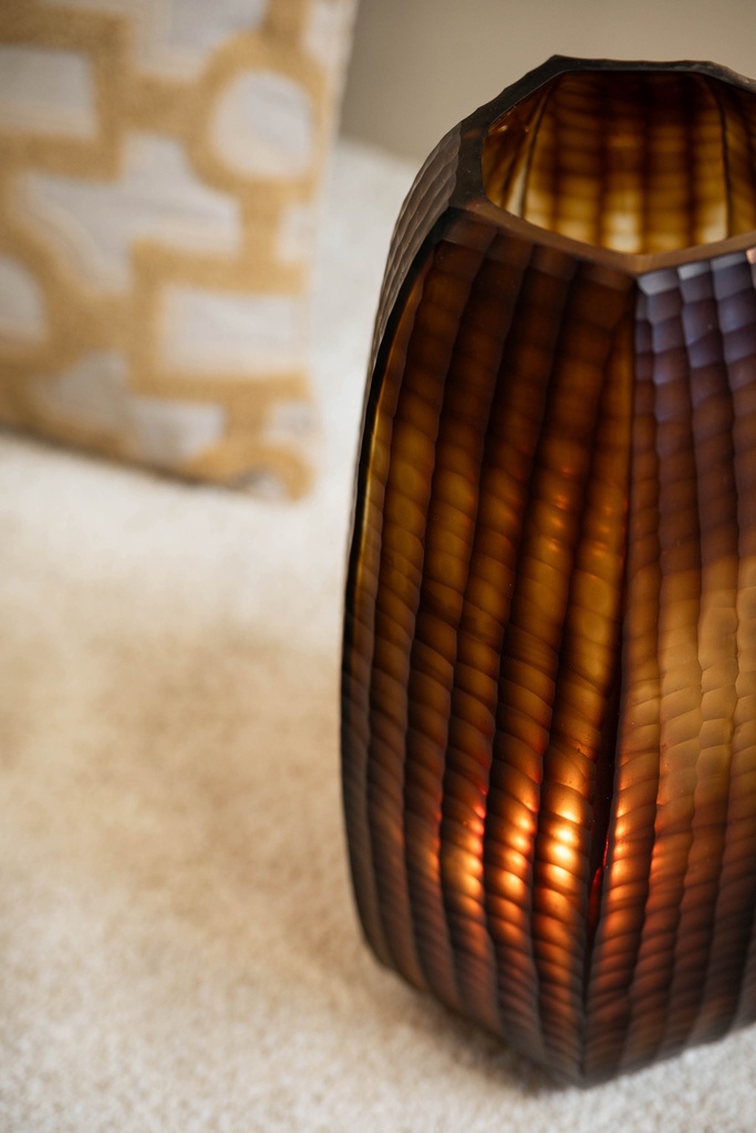 Mouthblown vase vertical flat cutting brown / cream - small - Ø22x37cm - p/1/1