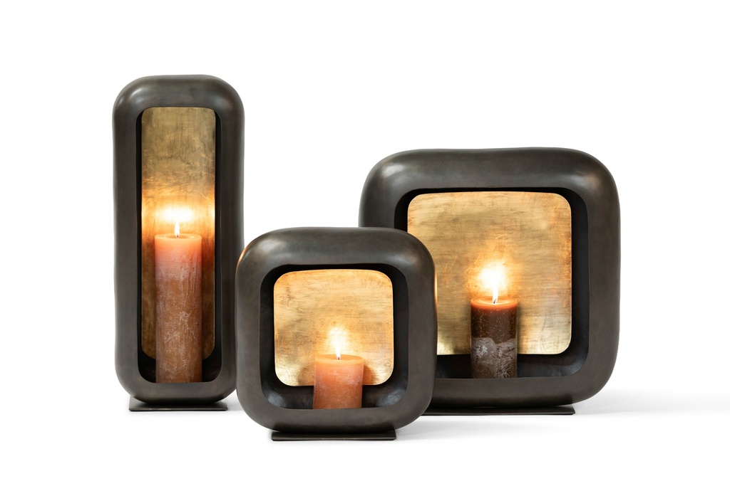Standing square candle holder nickle antique/gold antique leafing - medium - 29,5 x 11,5 x 31 cm - p 1/4