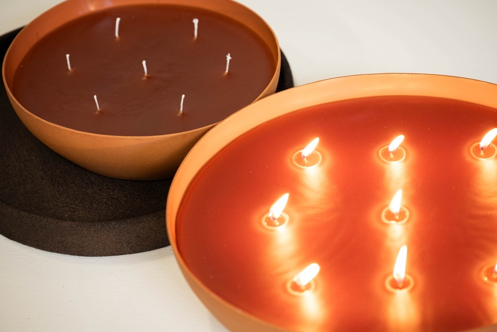Multiwick indoor candle bowl organic mat outside / enamel inside orange medium - 24.5 x 21 x 8.5 cm - 7 wicks - p 2