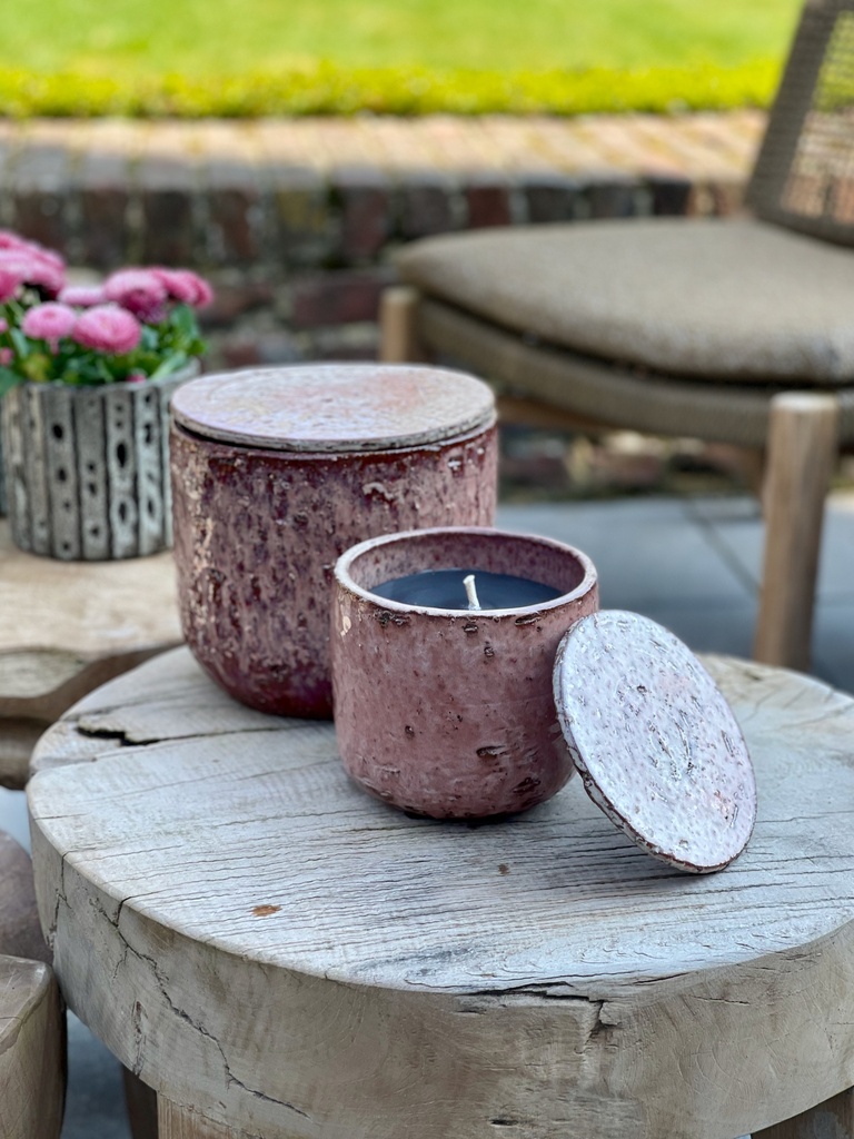 Terracotta scented outdoor candle - glazed with cover - burgundy - (perfume Lavender / Rosemary / Pine / Cinnamon / Citronelle)  - Ø 20x19cm - 1 ext. cot. - p /2