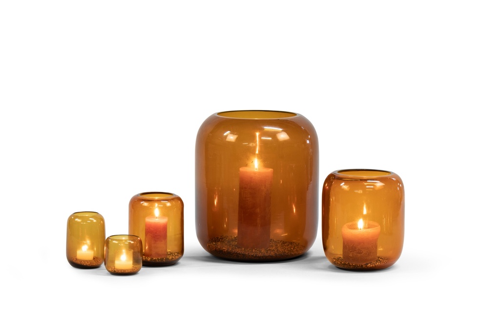 Mouthblown T-light round amber shiny - Ø10x13cm - p/4/12