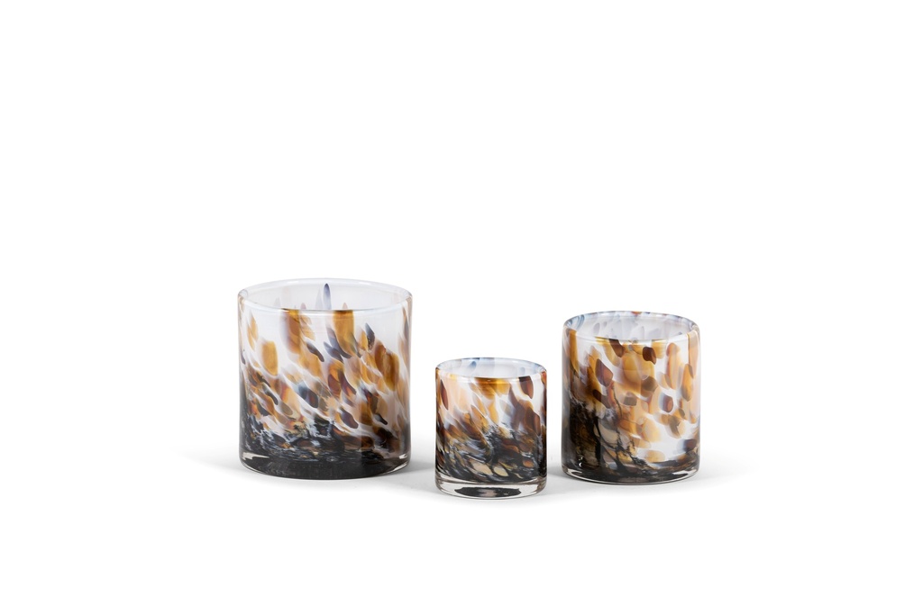 Thick votive cylinder with caramel design - glass - white & brown - Ø14 x 14cm - p/4
