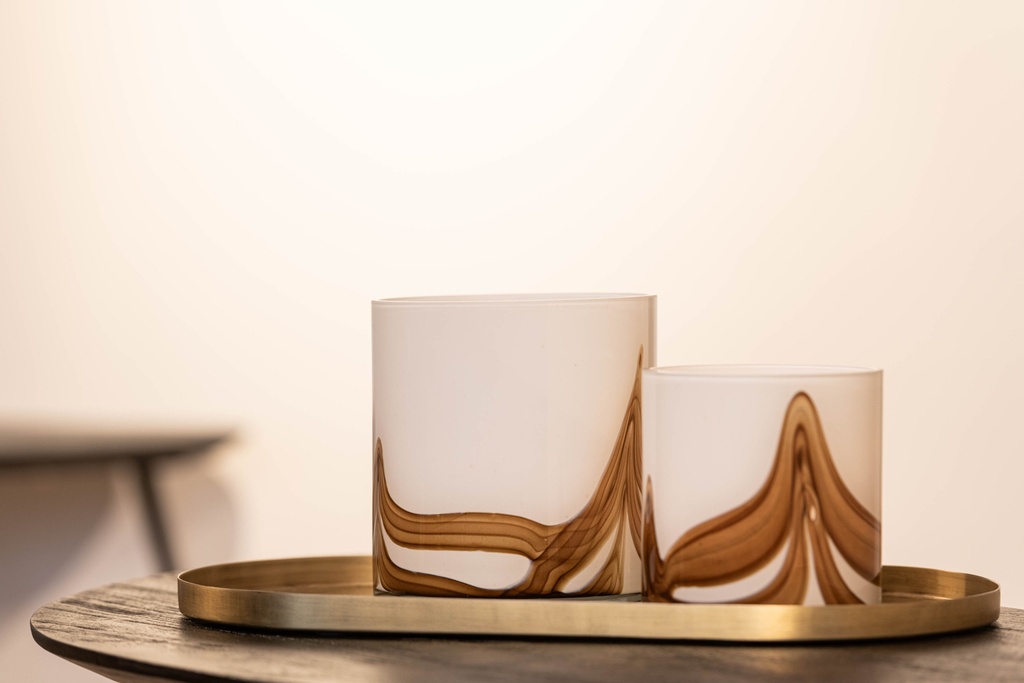 Thick votive cylinder Waves - glass - white brown - Ø 11x12cm - p/4