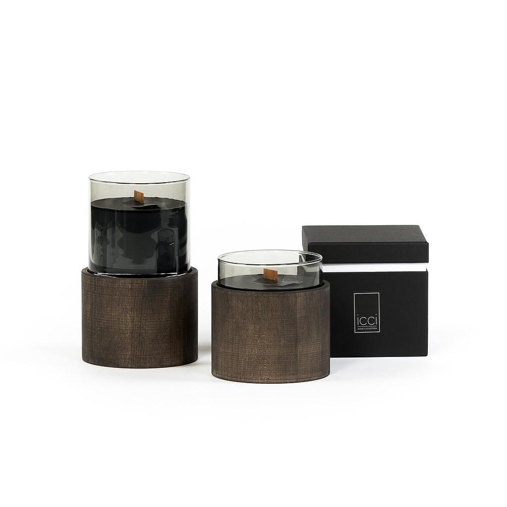 Votive smoke with dark wood  cover / stand - votive Ø 10,5 x 10 cover / stand Ø 12 x 9 - 3  1 int. cot. or wood - p/4