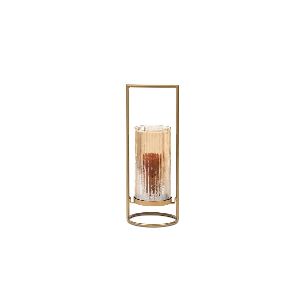 Round stripe hurricane on lifted base w/ handle - glass + metal - luster gold + antique brass - Ø 26x56cm - p/1/1