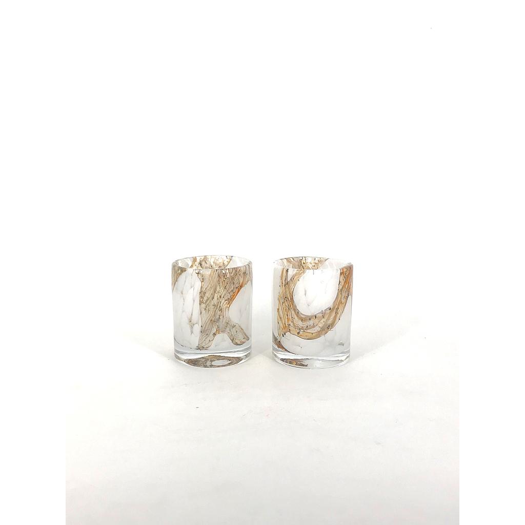 Thick votive with white spots and lava finish - glass - amber brown - Ø 8x9cm - p/6/1