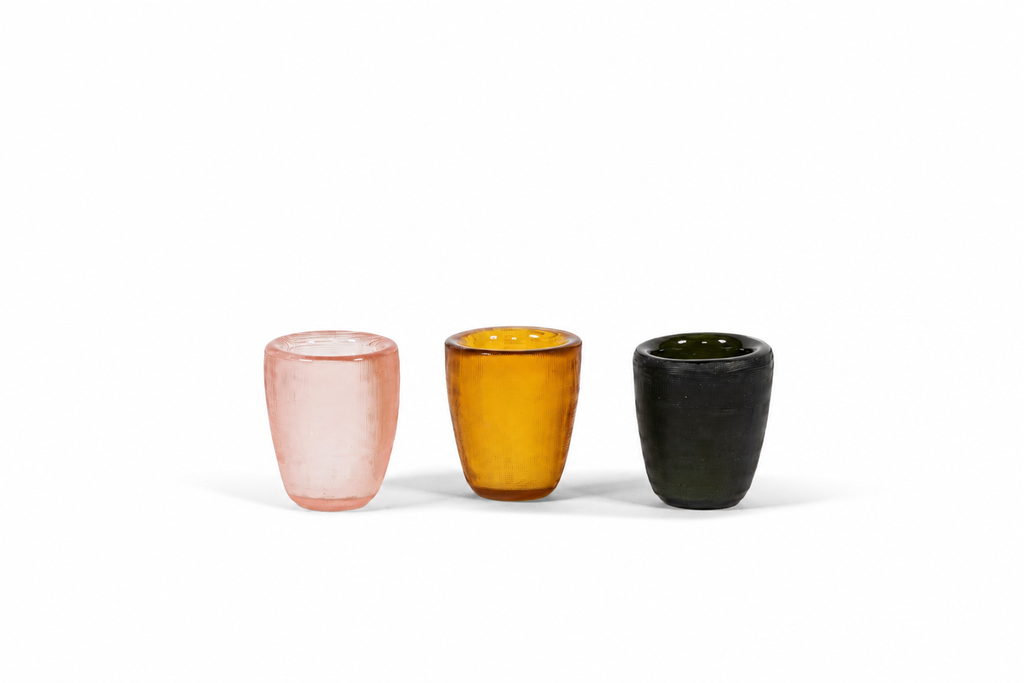 Cross cut Tlight holders, set of 4 - glass - copper or gold or green or steelgrey - Ø 7,5x9cm - p/4/32