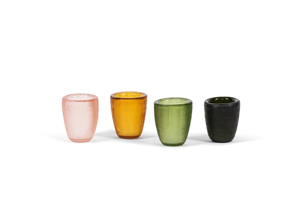 Cross cut Tlight holders, set of 4 - glass - copper or gold or green or steelgrey - Ø 7,5x9cm - p/4/32