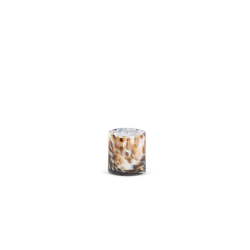 Thick votive cylinder with caramel design - glass - white & brown - Ø 11 x 12 cm - p/6
