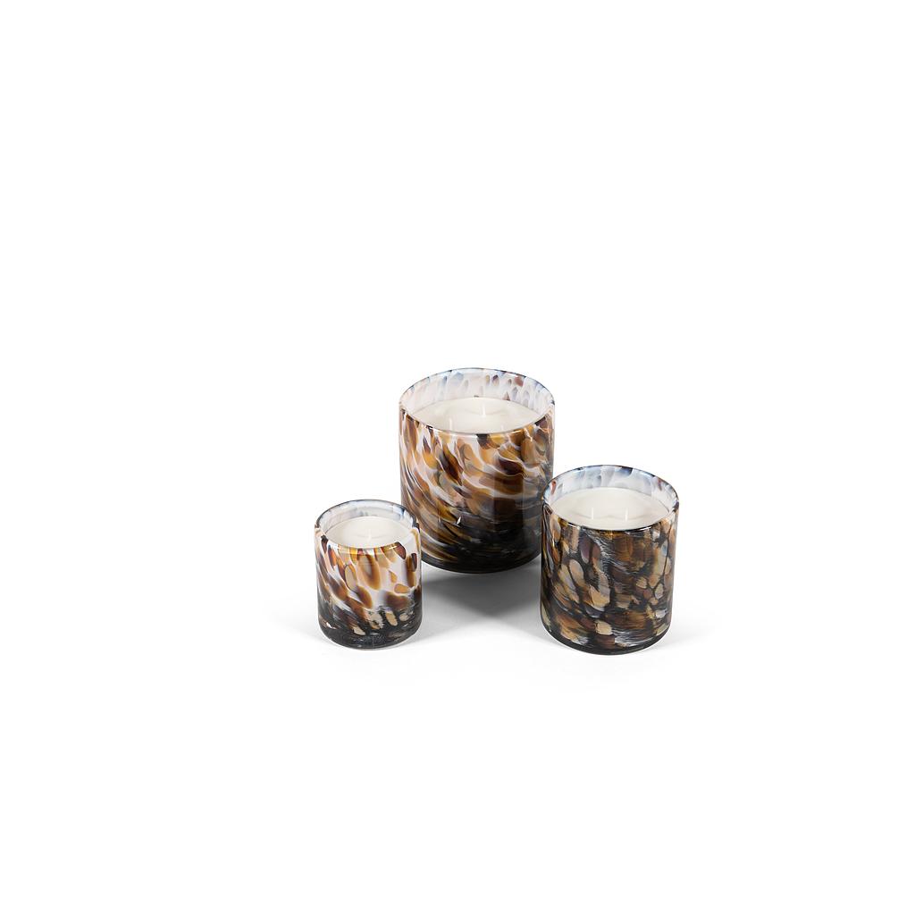 Thick votive cylinder w/ white caramel brown design - small Ø9 x 10cm - 1 - int. cot. - p/6