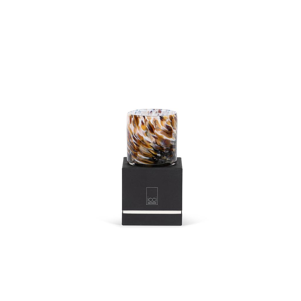 Thick votive cylinder w/ white caramel brown design - large  Ø14 x 14cm - 3 - int. cot. - p/2