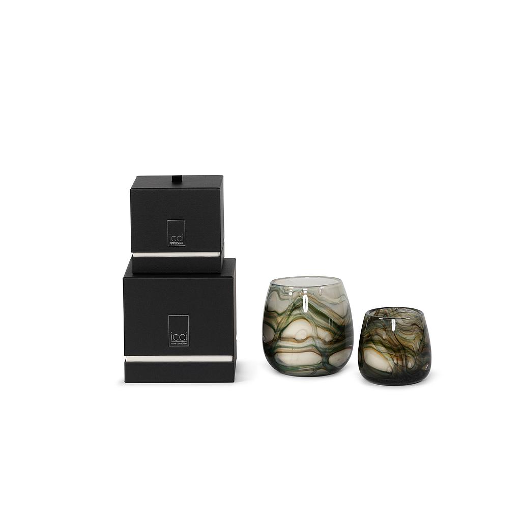 Scented candle thick votive bowl with brownish green wave design - Ø15 x 14cm - 3 - int. cot. - p/2