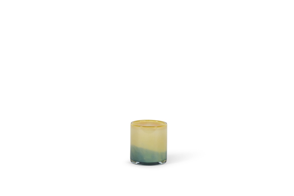 Thick votive cylinder with green to ochre design  - glass - green/ocher  - Ø9x10cm - p/6