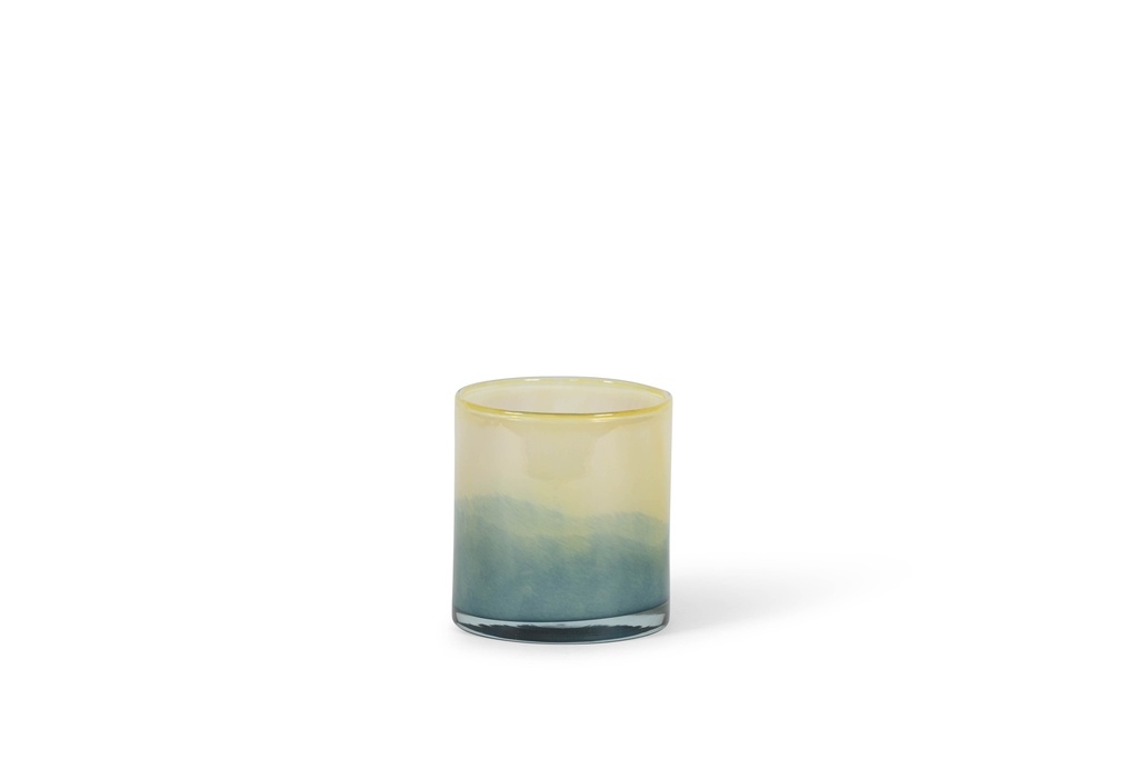 Thick votive cylinder with green to ochre design - glass - green/ocher - Ø14x15cm - p/4