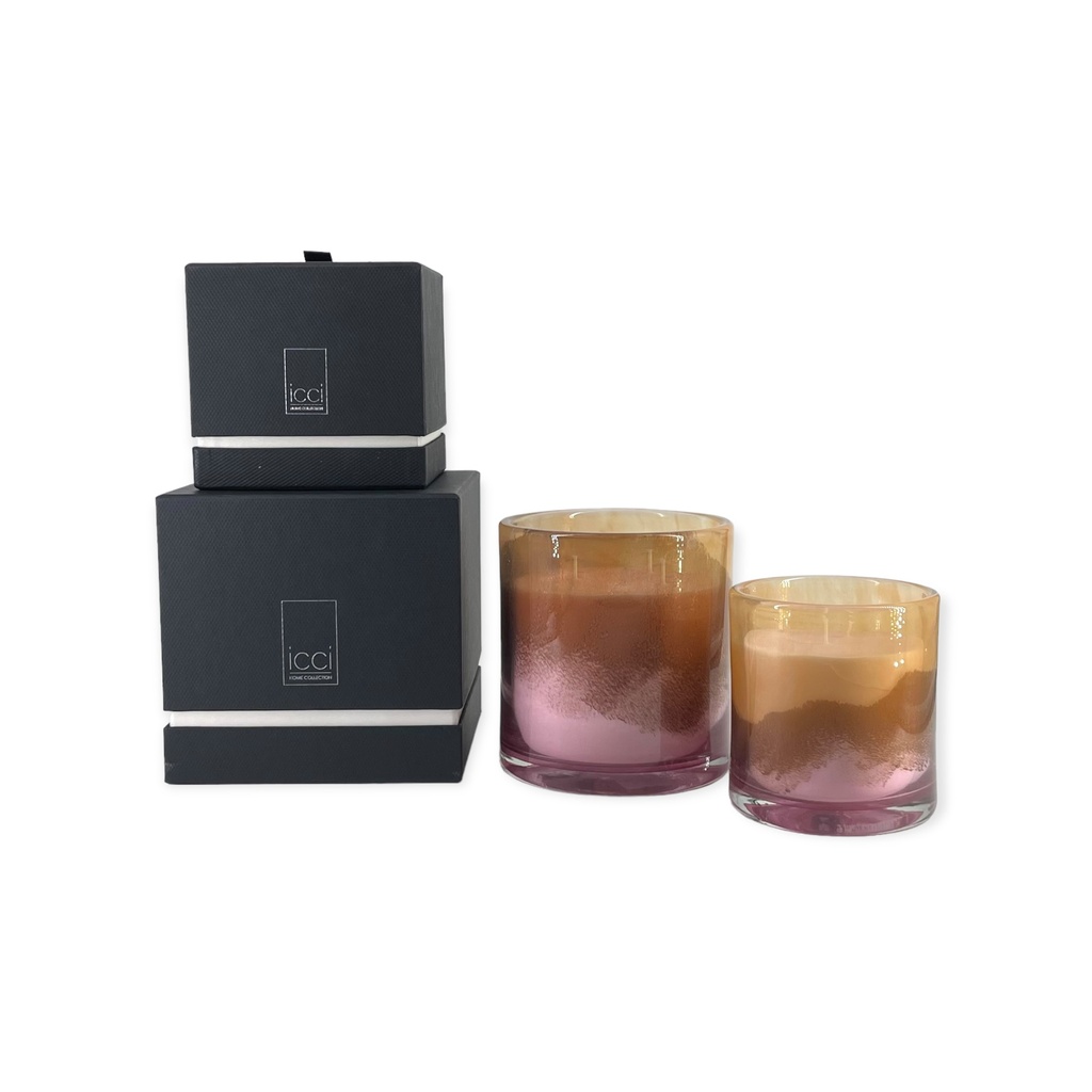 Thick votive cylinder with pink to orange design - Ø 11x12cm - 2 - int. cot. - p/4