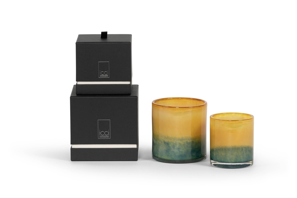 Scented candle cylinder with green to ochre design - Ø 11x12cm - 2 - int. cot. - p/4