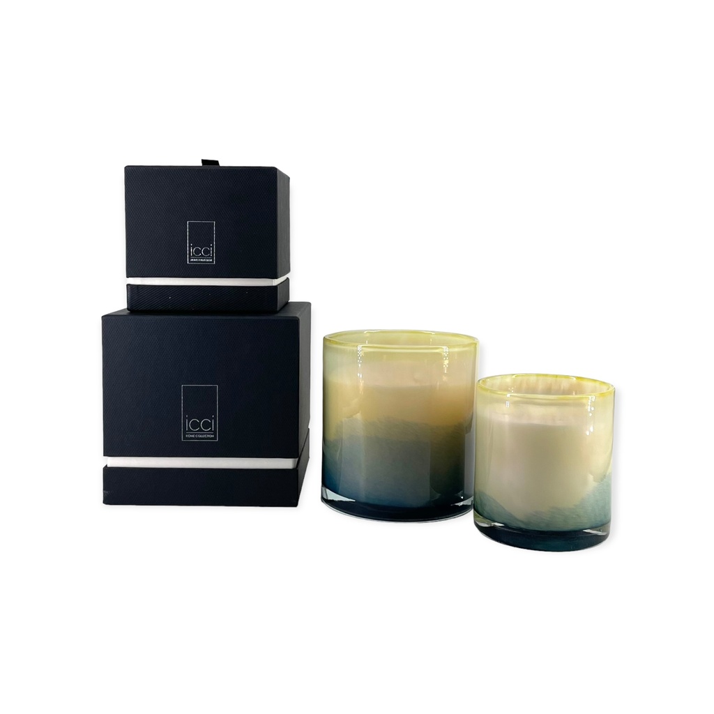 Scented candle cylinder with green to ochre design - Ø 14x15cm - 3 - int. cot. - p/2