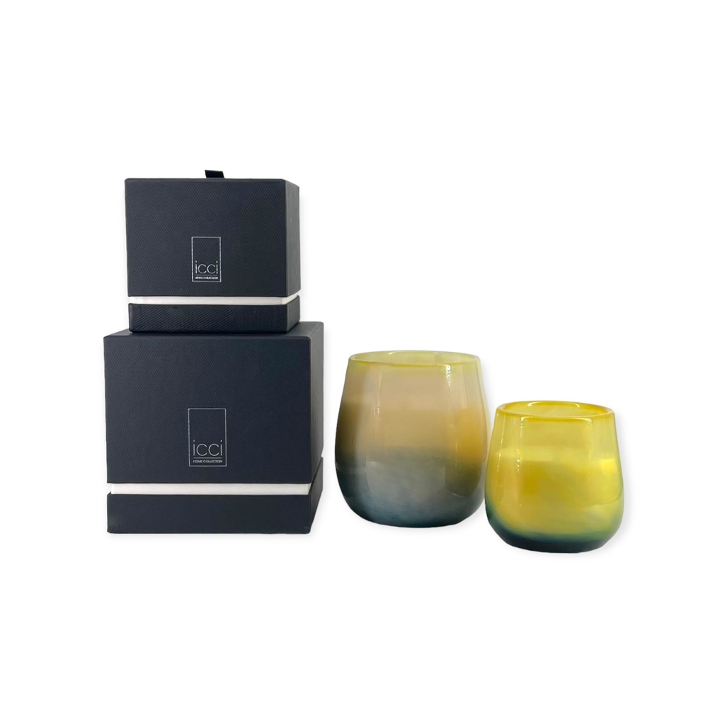 Scented candle bowl with green to ochre design - Ø12 x 11cm - 1 - int. cot. - p/4