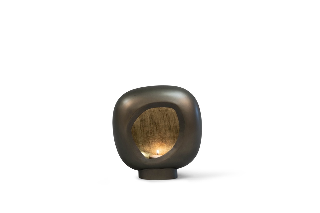 Standing organic egg Tlight holder - metal - nickel antique outside, antique gold leafing - 20x8,5x22cm - p/2/8