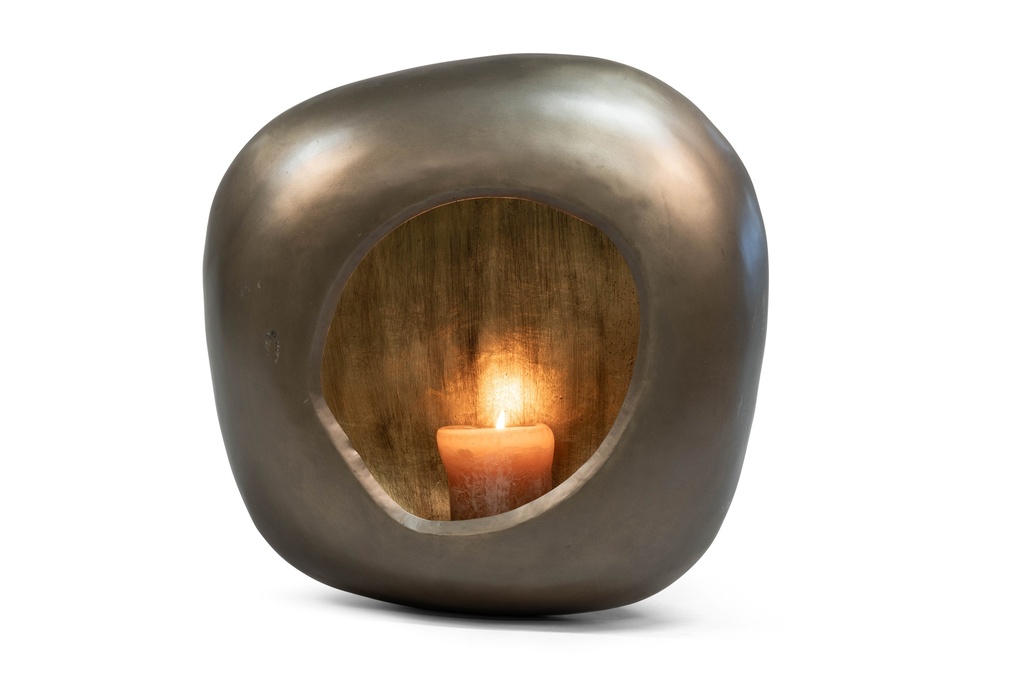 Hanging organic egg Candleholder - metal - nickel antique outside, antique gold leafing - 47x18,5x47cm - p/1/3