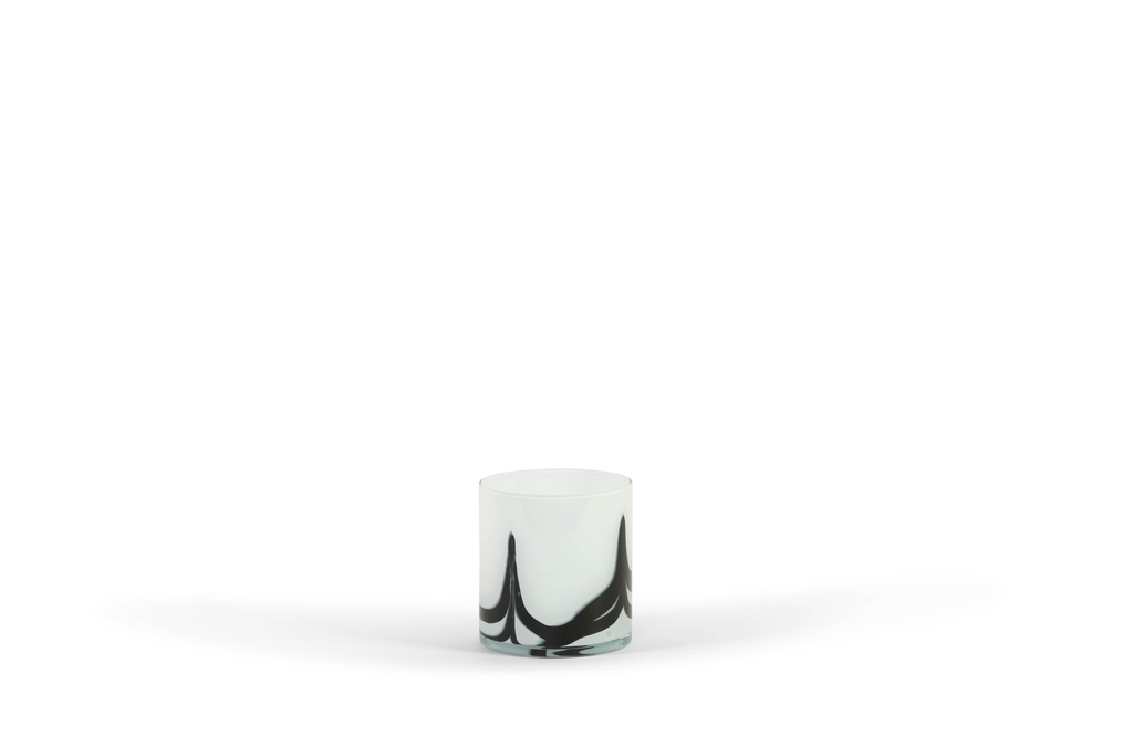 Thick votive cylinder Waves - glass - white black - Ø 14x15cm - p/4