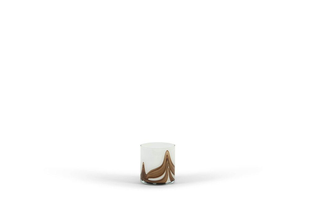 Thick votive cylinder Waves - glass - white brown - Ø 14x15cm - p/4