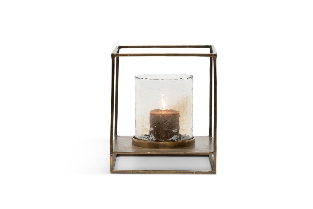 Hurricane square with round hammered glass - aluminium & glass - creamy gold & brown - small 35,5x35,5x40cm - p1/1