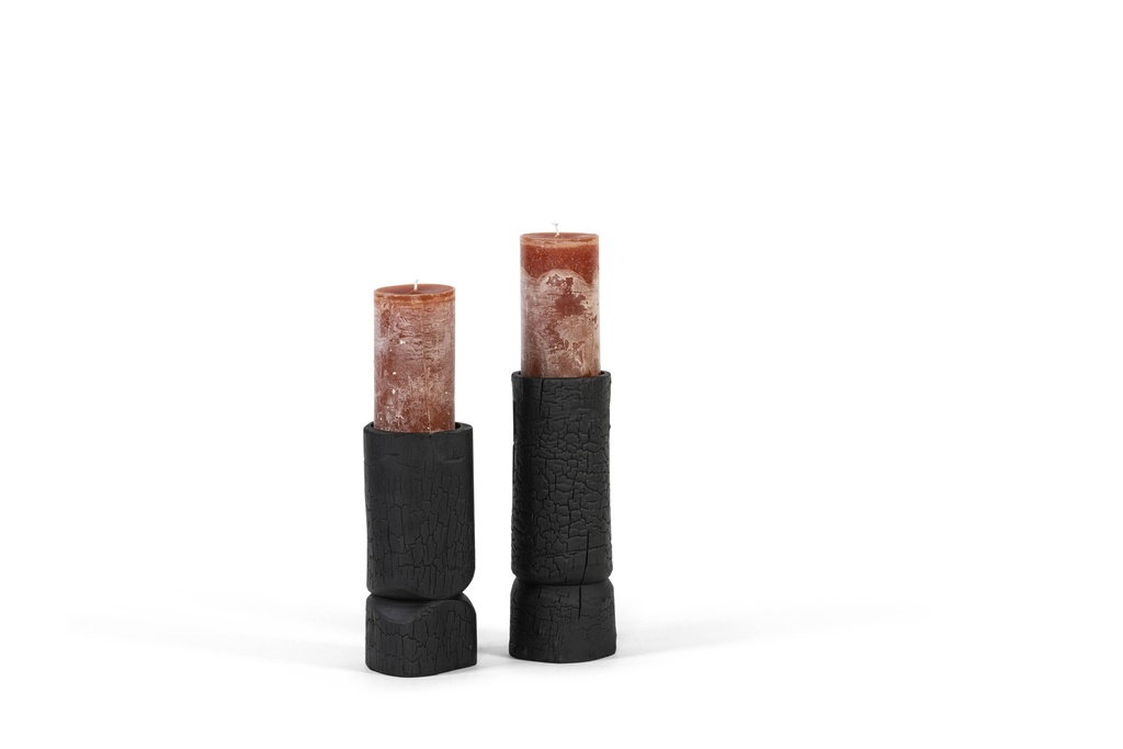 Set of 2 candleholders for Ø8,6 - wood - black mat brushed - Ø10x24cm/Ø10x30cm - p1/8