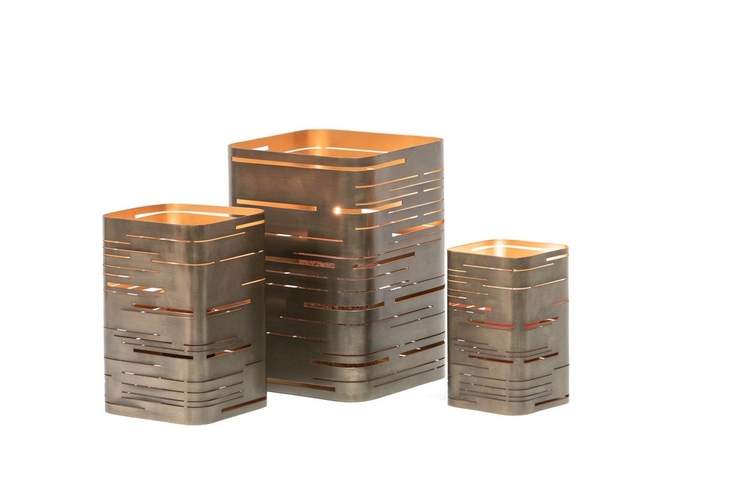 Hurricane set of 3 square horizontal cut nickle antique / gold leafing inside - 12,5x12,5x20cm / 16,5x16,5x25,5cm / 22x22x32cm - 1/4