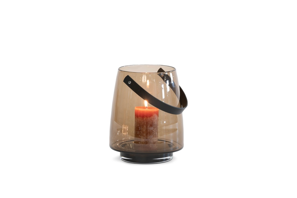 Hurricane with leather handle - glass - mocha - Ø 22,5x28cm - p/1/1