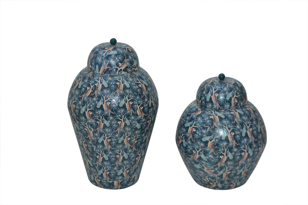 Vase crackeled glass tiger in jungle - with lid - small - Ø 35x44cm - p/1/2