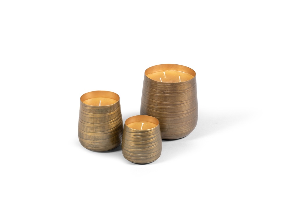 Set of 3 indoor candles - T-light holders striped brass antique outside / gold inside - Ø12x15,5cm - Ø10,5x13,5cm - Ø9,5x11cm -  1/1/3 int. coton wick - p/2 sets