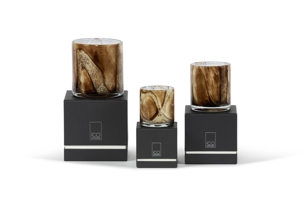 Scented candle cylindrical votive bark design ocher - Ø 11x12cm - 2 - int. cot. - p/4