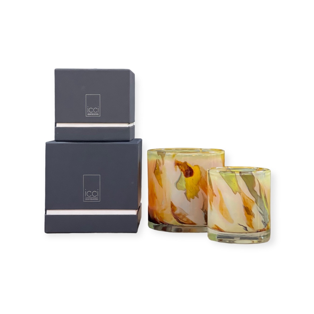 Scented candle cylindrical votive yellow green flames - Ø 11x12cm - 2 - int. cot. - p/4