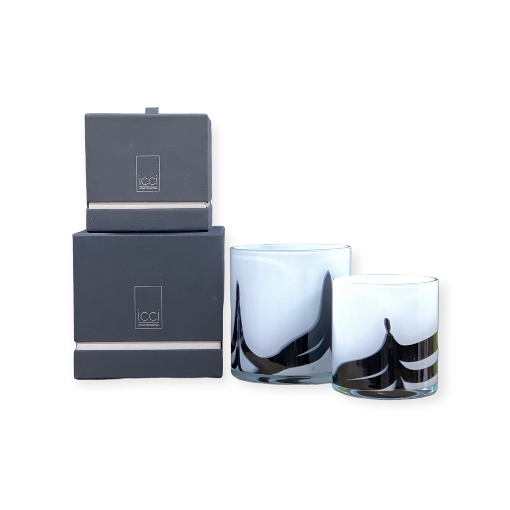 Scented candle cylindrical votive white black waves - Ø 14x15cm - 4 - int. cot. - p/4