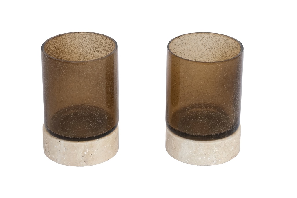 Votive travertine base with brown glass set of 2 - Ø8 x 151cm - p 1/4 set
