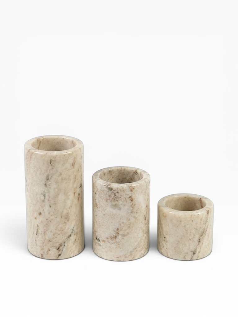 Candle holder brown marble - set of 3 - candle Ø4,4cm - Ø6,25 x 5 -7,5 -10 cm- p 1/6 set