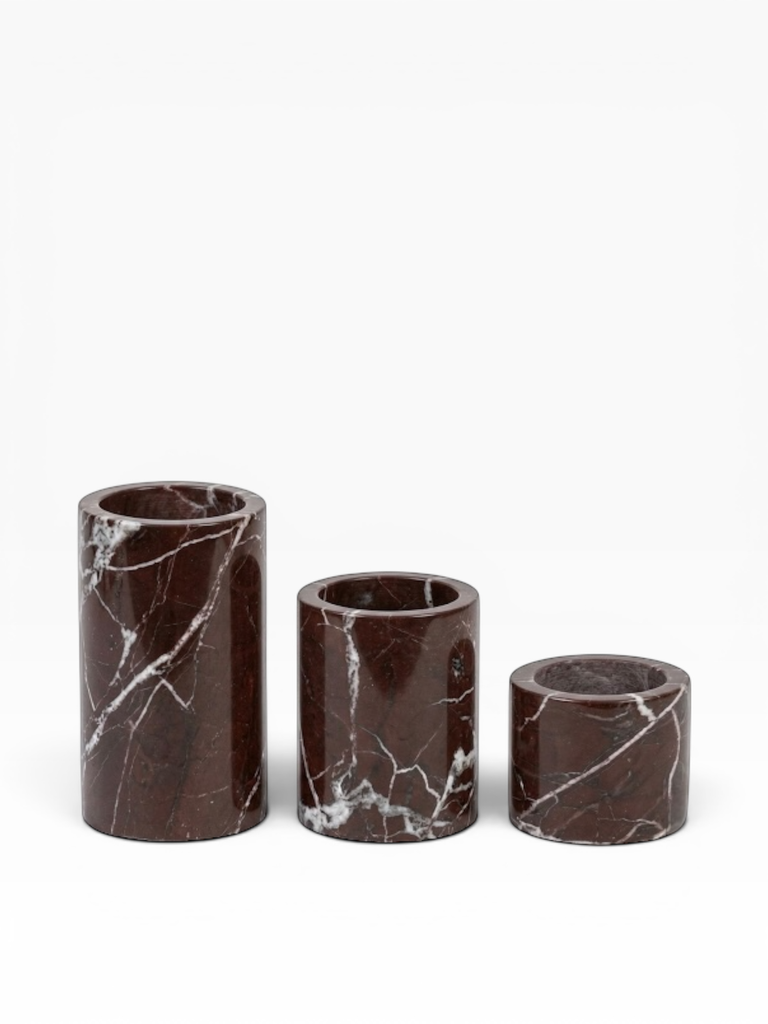 Candle holder red marble - set of 3 - candle Ø4,4 - Ø6,25 x 5 - 7,5 - 10 cm - p 1/6 set