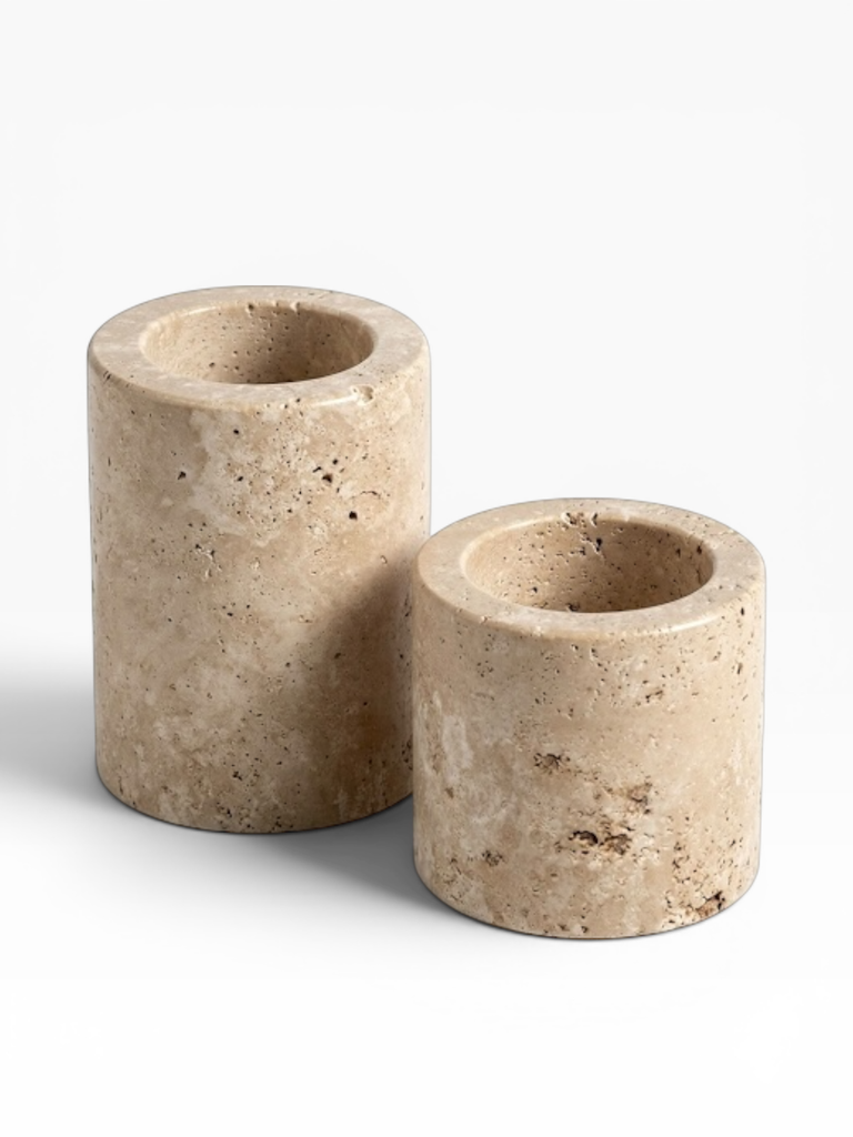 Candle holder beige travertine - set of 2 - Candle 5,7 cm - Ø7,5 x 5 - 7,5 cm - p set
