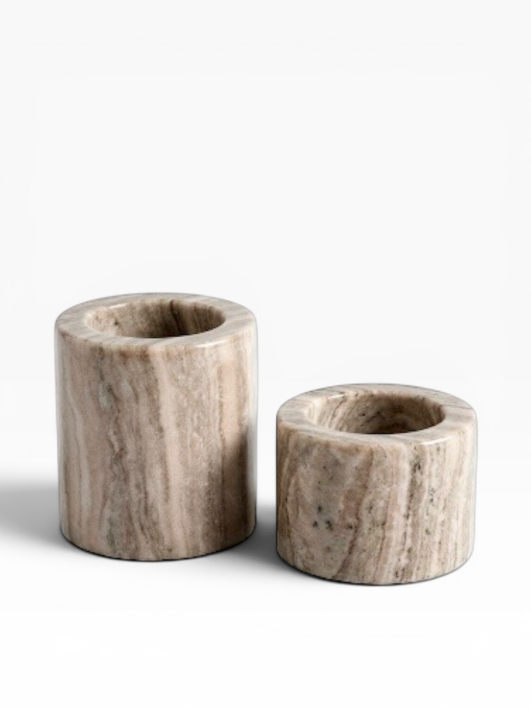 Candle holder brown marble - set of 2 - candle Ø5,7 - Ø7,5 x 5 - 7,5 cm - p set