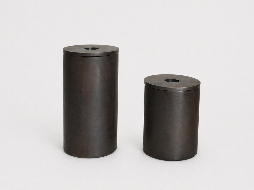 Taperholder walnut base copper antique top - set of 2 - Ø7,5 x 11 - 16 cm - p 1/12