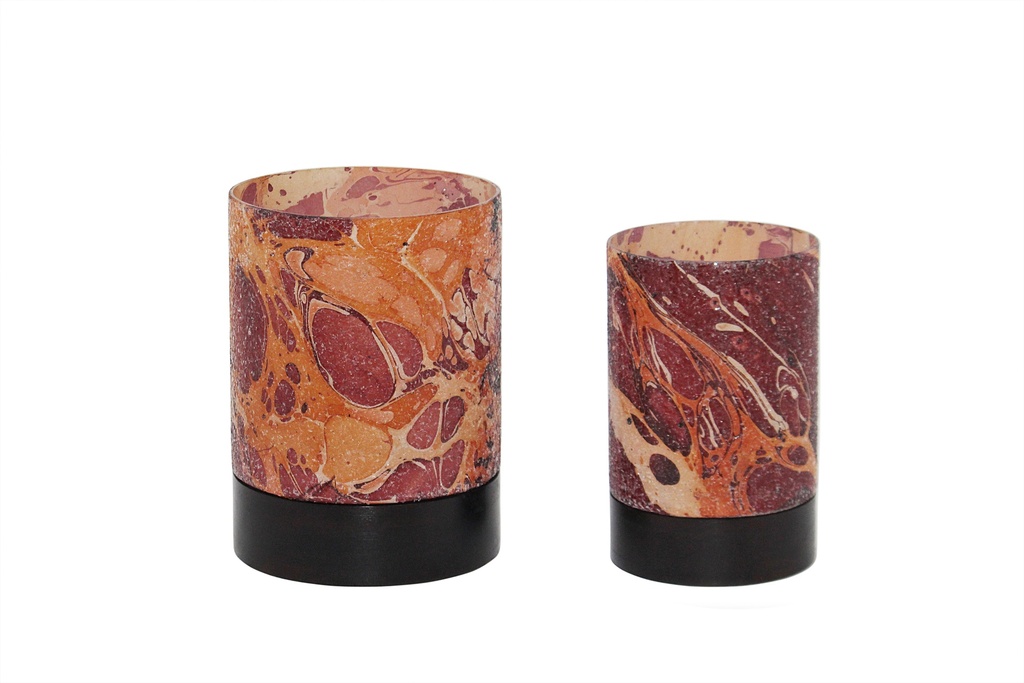 Hurricane burgundy/creme/orange crackeled glass / wood base large - Ø27 x 36 cm - p 1